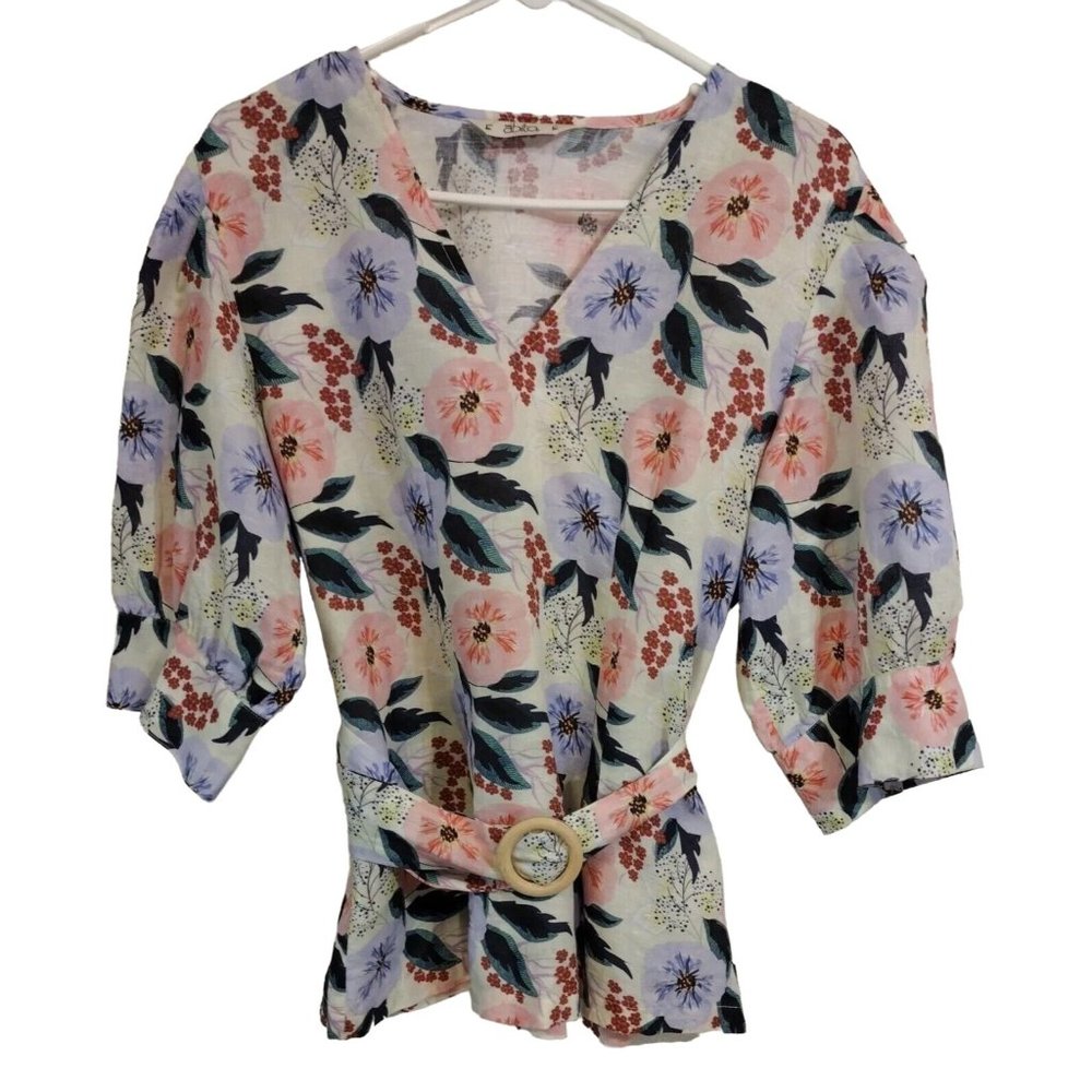 Abito Top Large Floral Half Sleeve Belt Side Zip Linen Blend